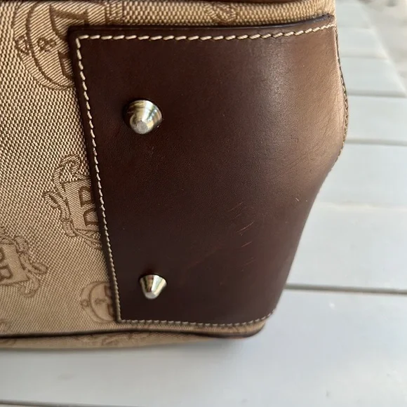 Dooney & Bourke DB Logo Double Handle Tote Brown Fabric Leather Accents